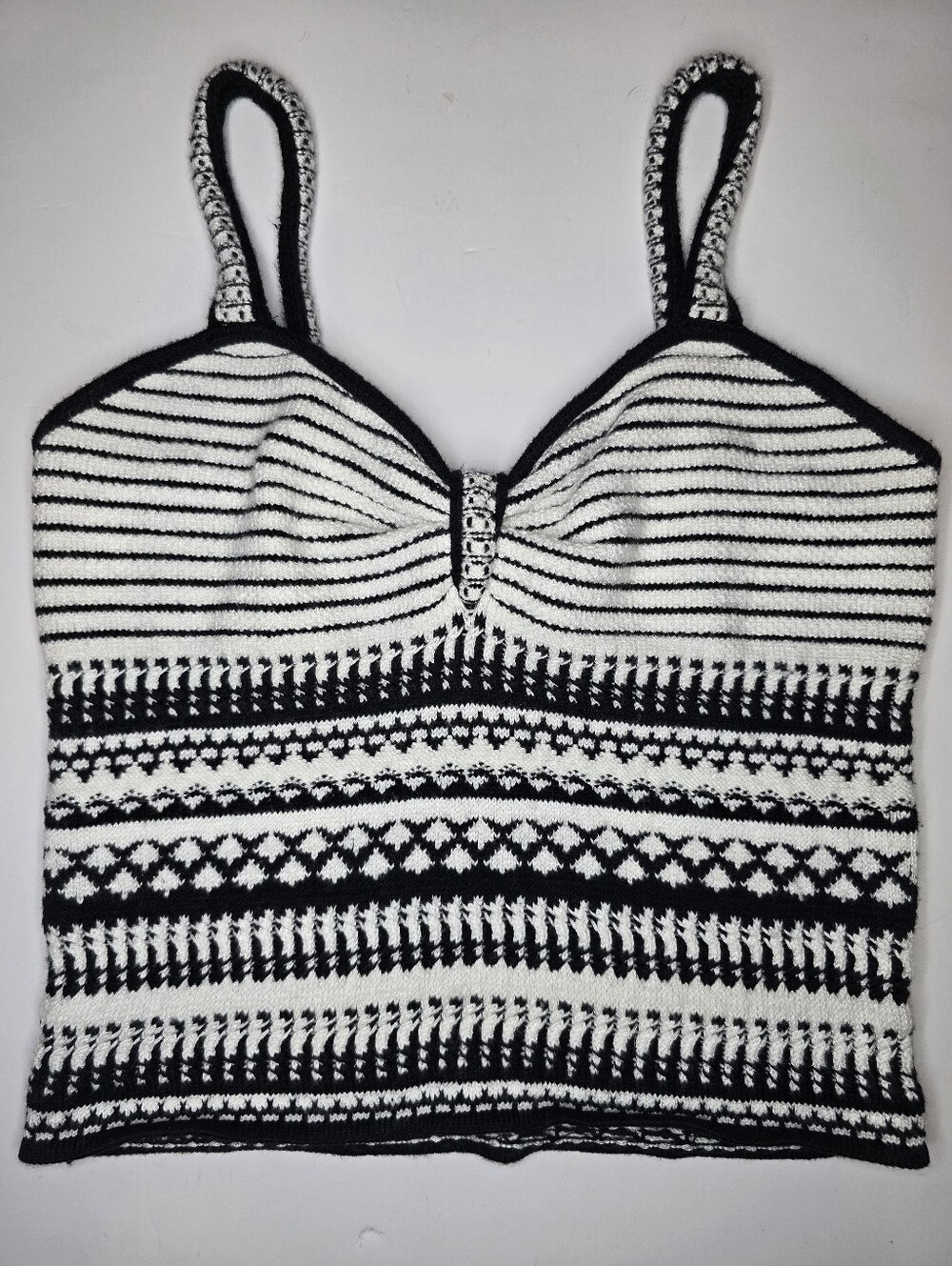 Rachel Zoe Knit Tank Top Medium Black White Striped Geometric Crop Sweater Cami